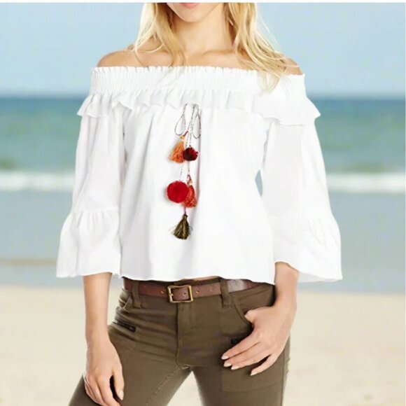 MISA Off Shoulder Crop Top Womens S White Cotton Boho Bell Sleeve Festival - Picture 1 of 8